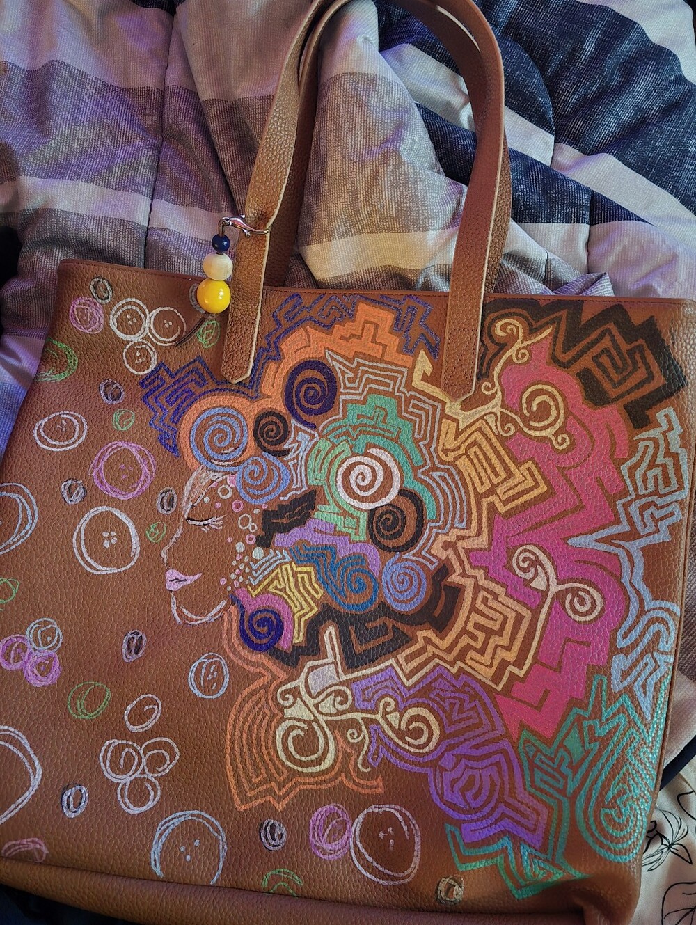 HANDCRAFTED Faux Leather Tote Bag HANDPAINTED Alien Female Profile Abstract Art